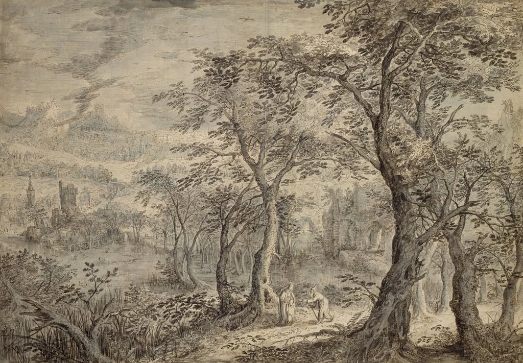Paesaggio boscoso con la tentazione di Cristo